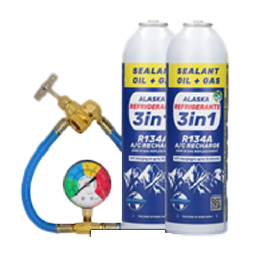 ALASKA REFRIGERANTS Хладилен агент за климатик R134a + маркуч и манометър – 370 гр.